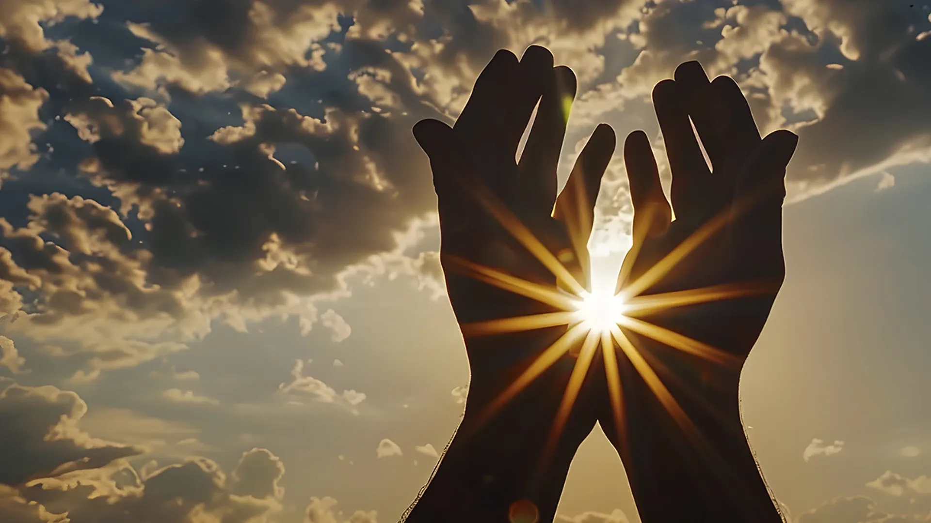 Manos alzadas al cielo en pose de plegaria. 