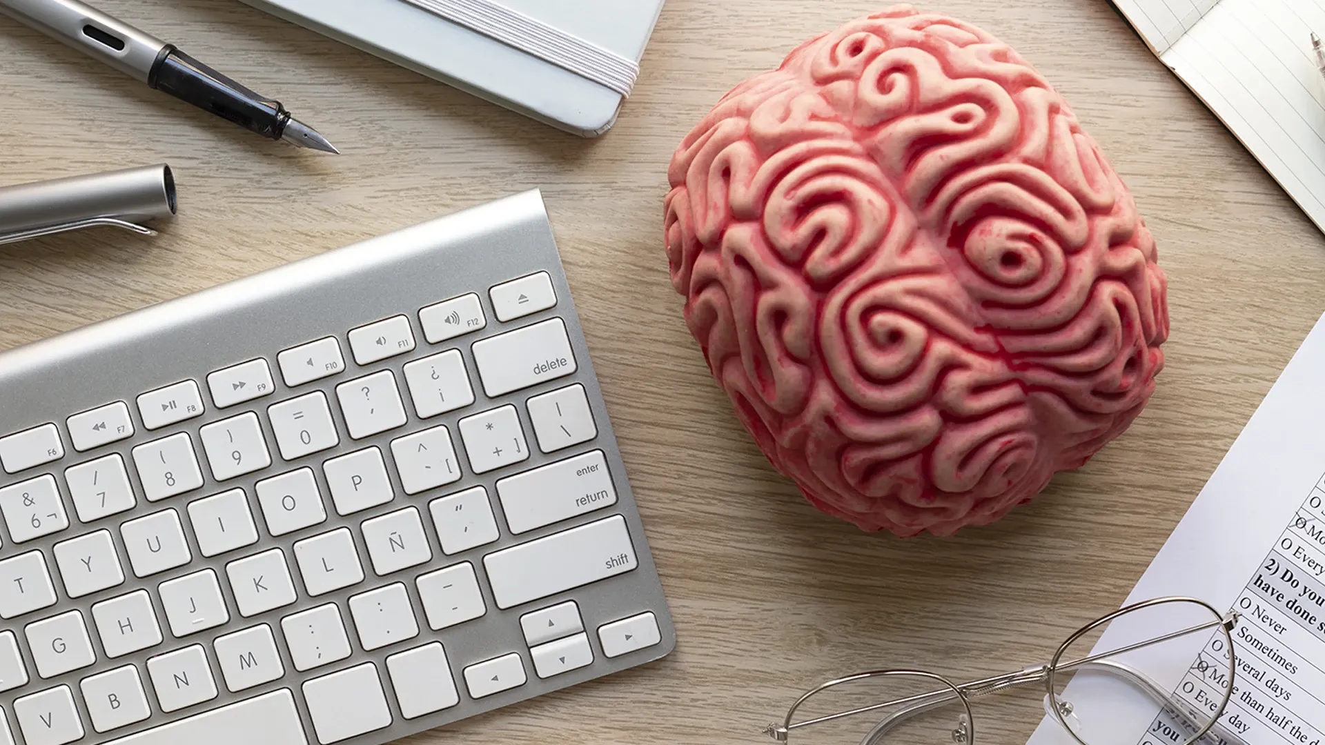  Mesa de trabajo con un modelo de un cerebro.