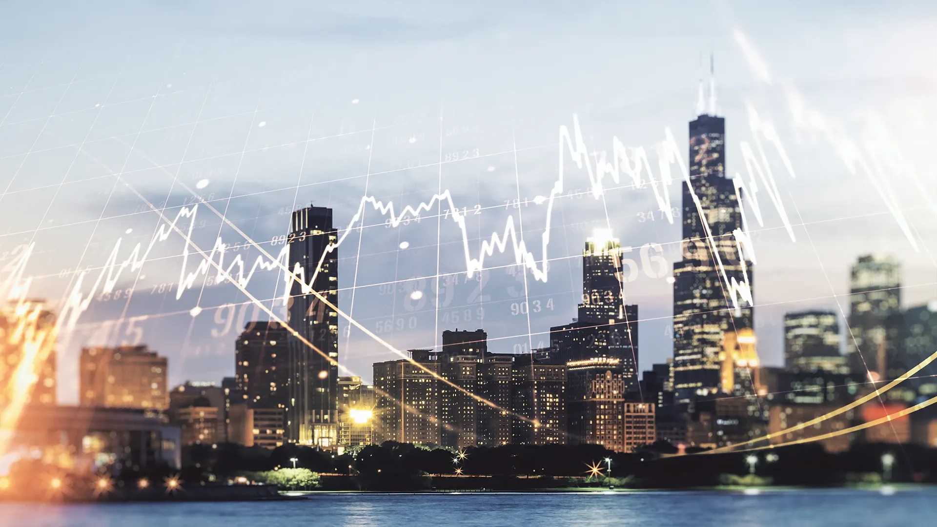 Toma general de una ciudad con gráficos de finanzas sobrepuestos.