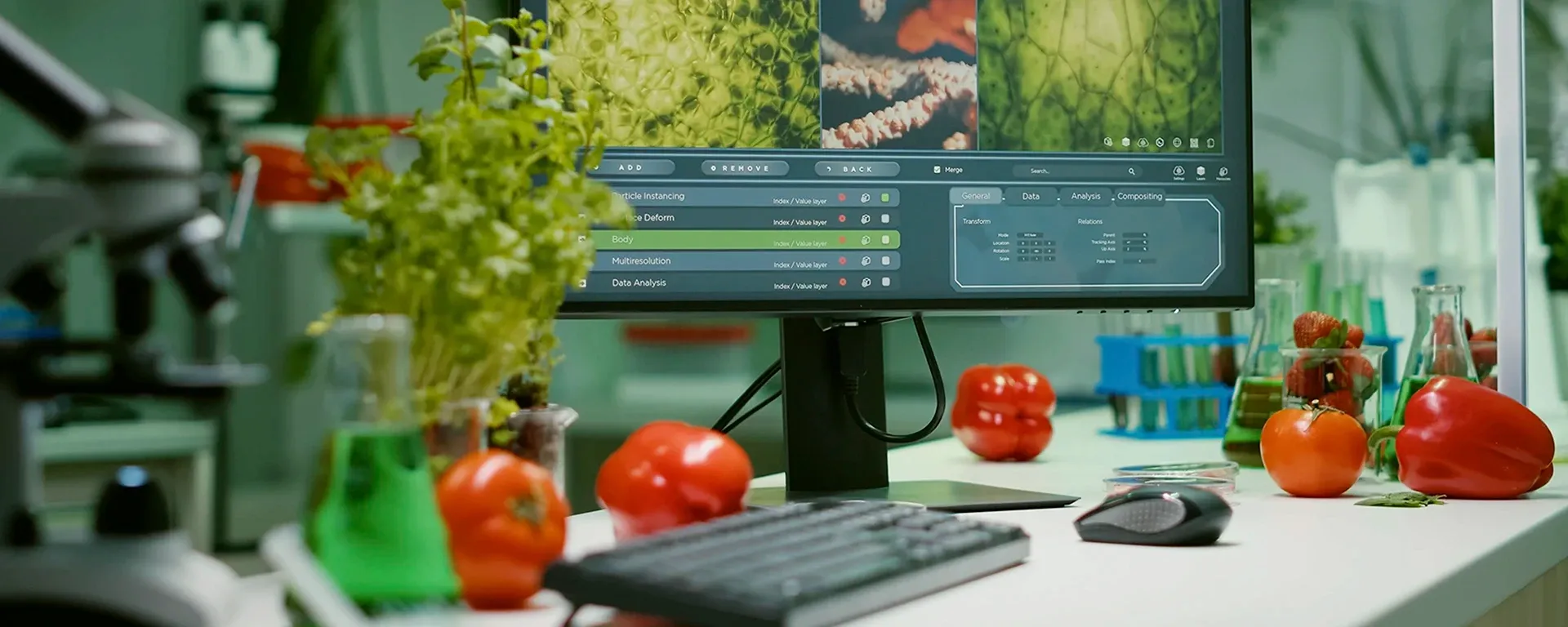 Escritorio con diversos alimentos en análisis.